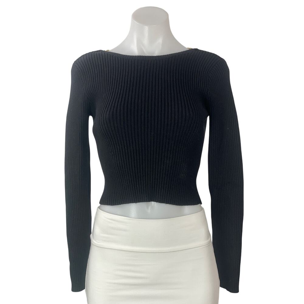 ASTR The Label Black Long Sleeves Ribbed Knit Open Back Chain Crop Sweater Top S